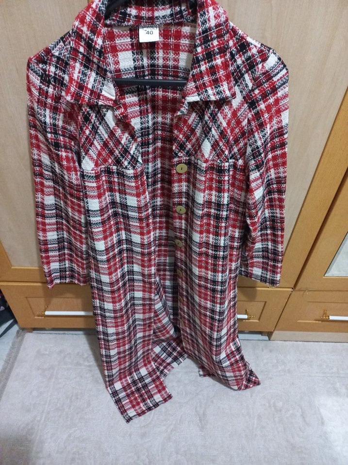 Kırmızı Gri Ekose Uzun Kollu Kadın trenc kap - Görsel 3