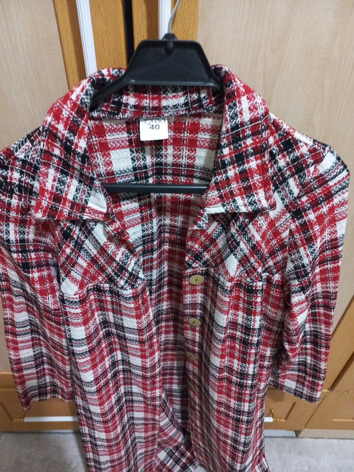 Kırmızı Gri Ekose Uzun Kollu Kadın trenc kap - Görsel 2