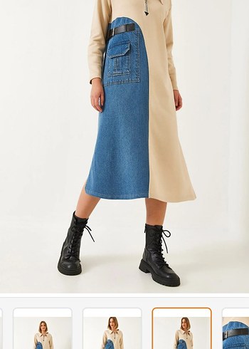 Kemer Detaylı Uzun Mavi Denim Elbise - Görsel 4