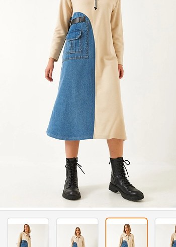 Kemer Detaylı Uzun Mavi Denim Elbise - Görsel 3