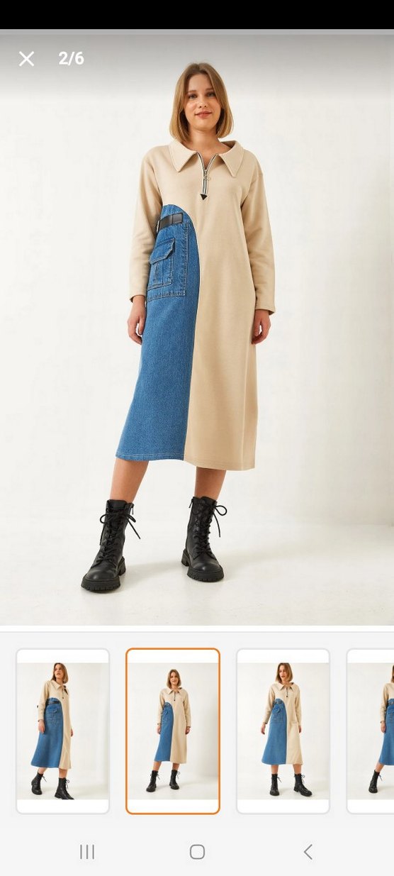 Kemer Detaylı Uzun Mavi Denim Elbise - Görsel 2