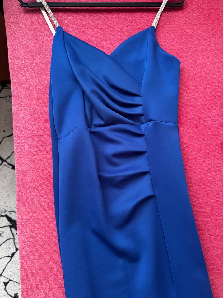 Mavi Drapeli Uzun Askılı Abiye Elbise - Görsel 2