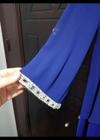 Uzun Kollu Mavi Kadın Abiye Elbise - Görsel 4