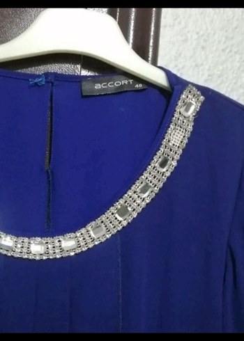 Uzun Kollu Mavi Kadın Abiye Elbise - Görsel 3