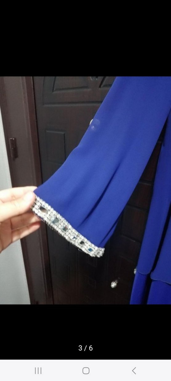 Uzun Kollu Mavi Kadın Abiye Elbise - Görsel 4