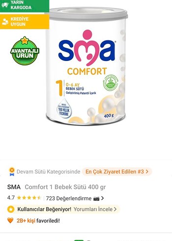 Beden beyaz Renk SMA Comfort Bebek Sütü 400g