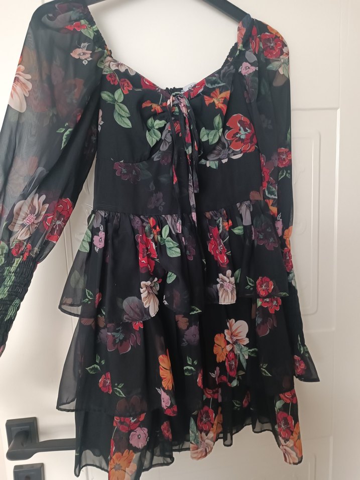 Çiçek Desenli Straplez Uzun Kollu Midi Elbise - Görsel 2