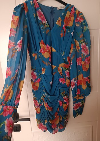 Çiçek Desenli Drapeli Uzun Kollu Bohem Elbise - Görsel 2