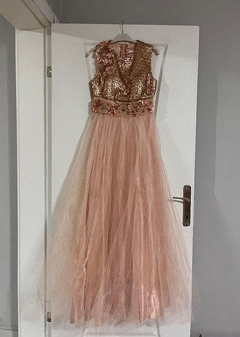 Pudra Renk Uzun Drapeli Abiye Elbise - Görsel 2