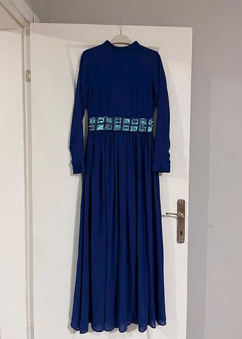 Uzun Lacivert Drapeli Kadın Elbise - Görsel 3