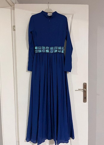 Uzun Lacivert Drapeli Kadın Elbise - Görsel 2