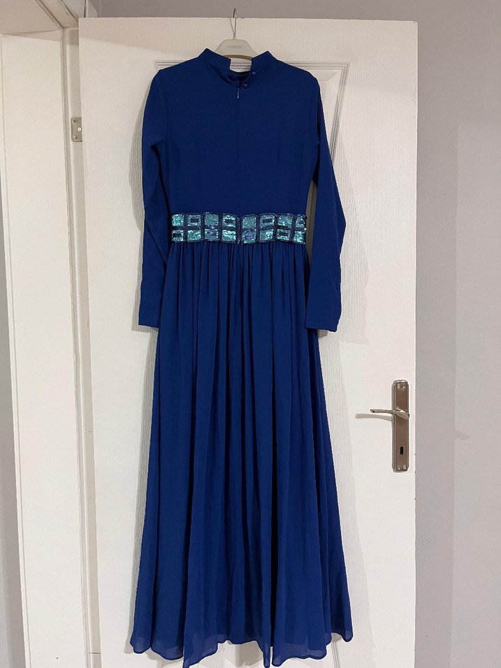 Uzun Lacivert Drapeli Kadın Elbise - Görsel 2