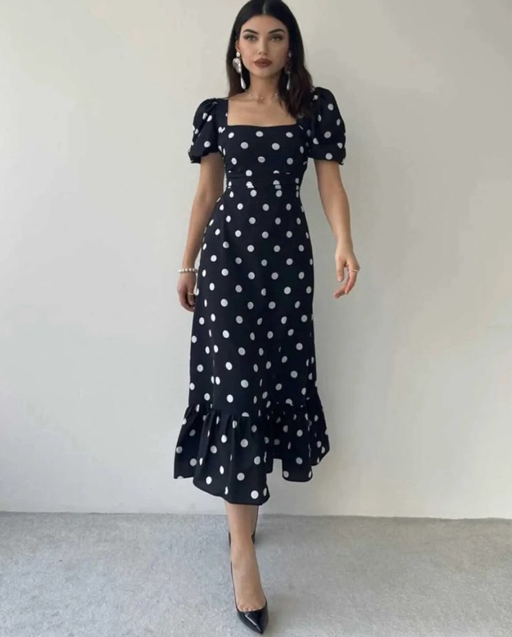 Siyah Puantiyeli Uzun Kollu Elbise - Görsel 2