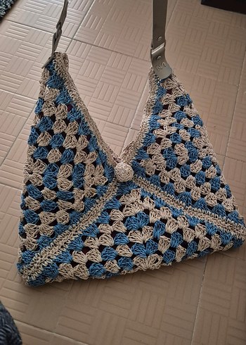 Dantel Detaylı Mavi Gri Örgü Bohem Çanta - Görsel 2