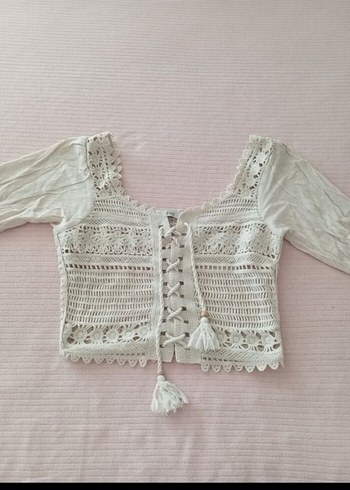 Beyaz Dantel Detaylı Kısa Bohem Kazak - Görsel 2