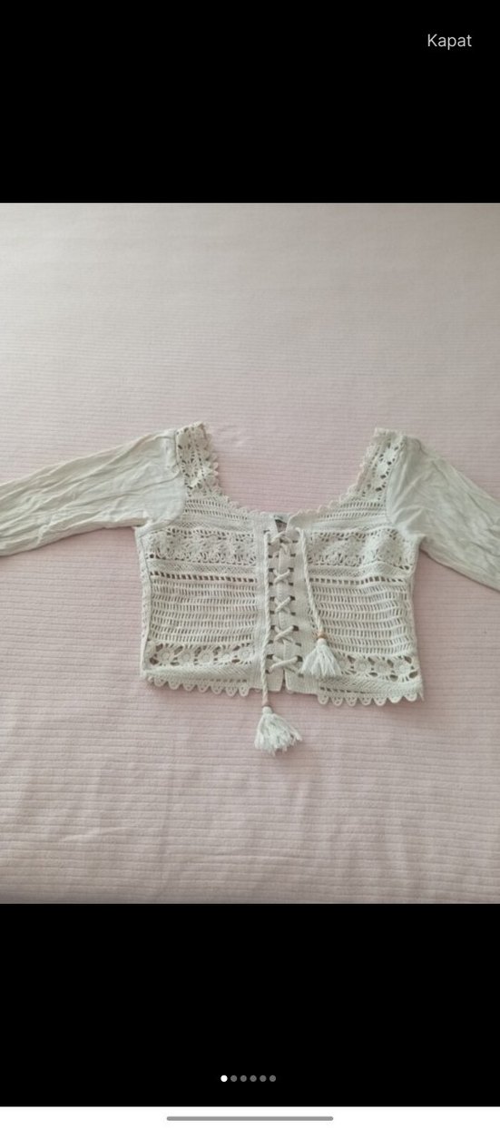 Beyaz Dantel Detaylı Kısa Bohem Kazak - Görsel 4
