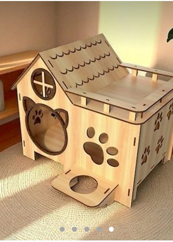 Ahşap Kedi Evi ve Mama Kabı Seti - Görsel 2