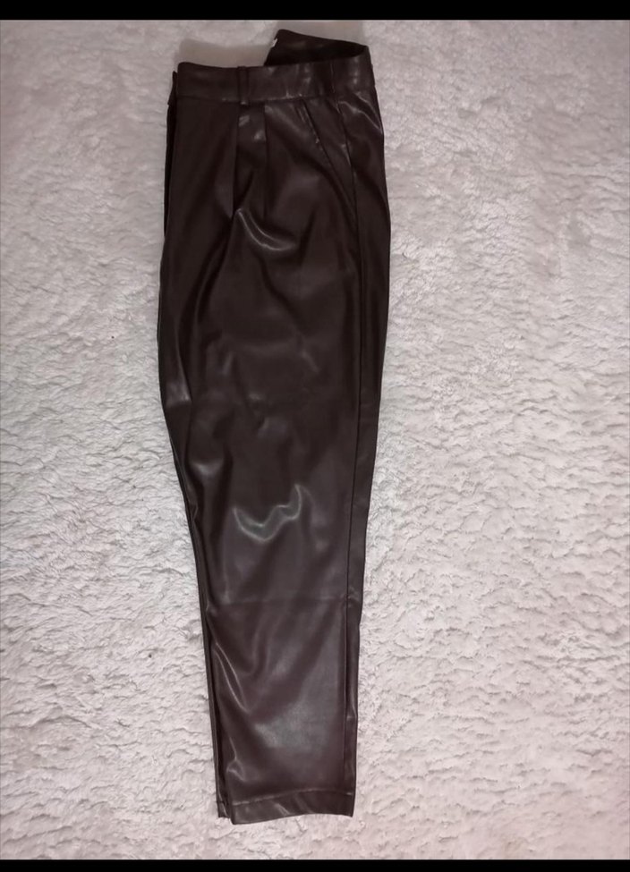 Kahverengi Deri Midi Bol Kesim Kadın Pantolon - Görsel 2