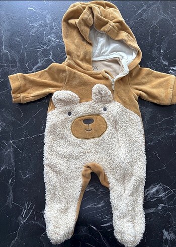 Kahverengi Peluş Detaylı Erkek Bebek Tulumu