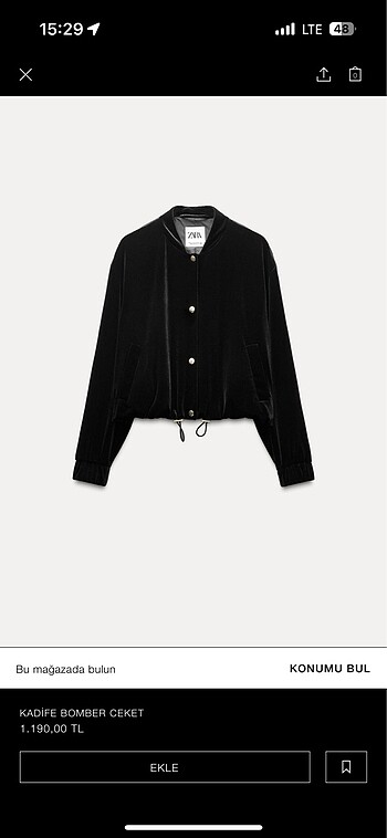 Zara Siyah Kadife Bomber Ceket