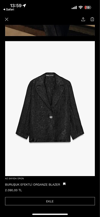 Zara Siyah Buruşuk Efektli Organze Blazer