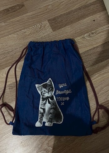 Beden Kedi Desenli Mavi İpli Sırt Çantası