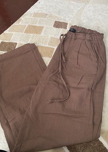 Kahverengi Bol Kesim Keten Pantolon - Görsel 2