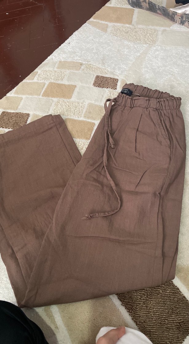 Kahverengi Bol Kesim Keten Pantolon - Görsel 2