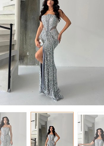 Serica Moda Gümüş Straplez Pul Payet Abiye Elbise - Görsel 2