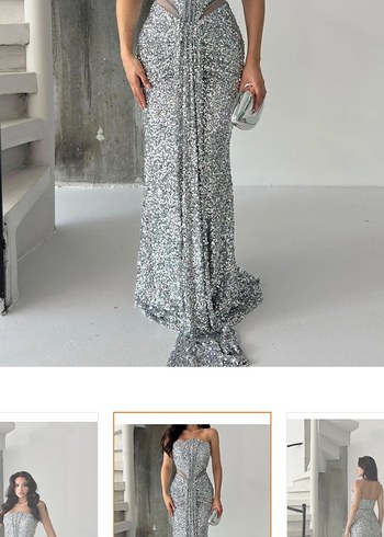 Serica Moda Gümüş Straplez Pul Payet Abiye Elbise - Görsel 4