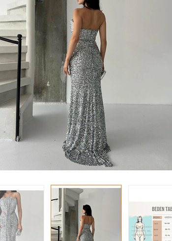 Serica Moda Gümüş Straplez Pul Payet Abiye Elbise - Görsel 3