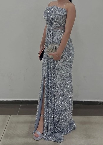 Serica Moda Gümüş Straplez Pul Payet Abiye Elbise - Görsel 9