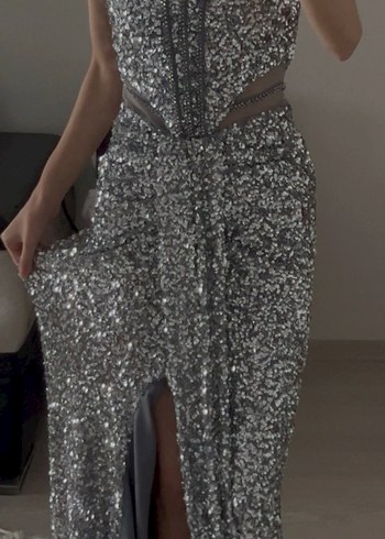 Serica Moda Gümüş Straplez Pul Payet Abiye Elbise - Görsel 5