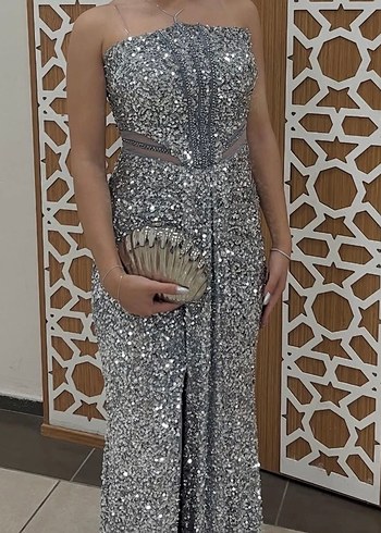 Serica Moda Gümüş Straplez Pul Payet Abiye Elbise - Görsel 10