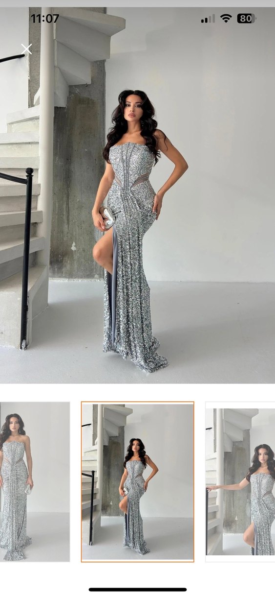 Serica Moda Gümüş Straplez Pul Payet Abiye Elbise - Görsel 2