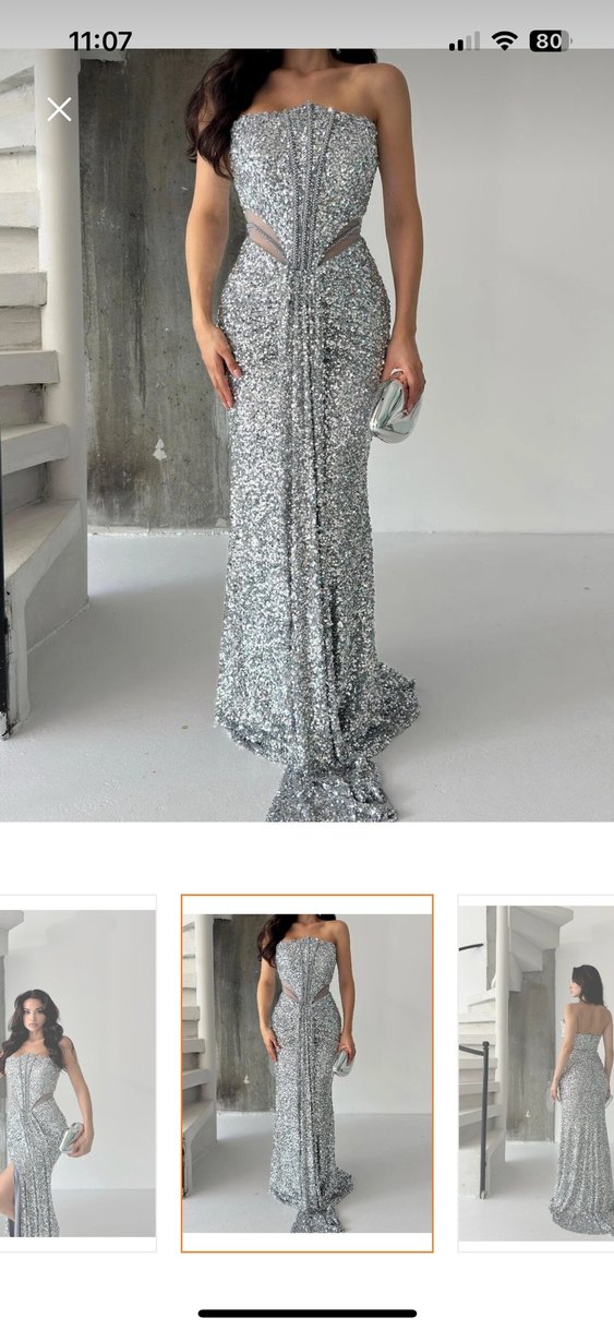 Serica Moda Gümüş Straplez Pul Payet Abiye Elbise - Görsel 4