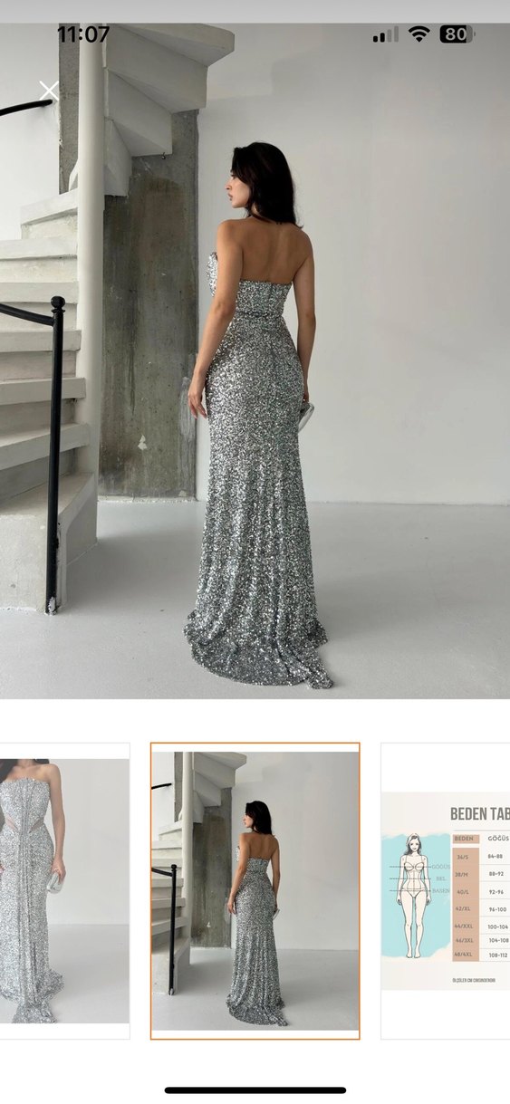 Serica Moda Gümüş Straplez Pul Payet Abiye Elbise - Görsel 3