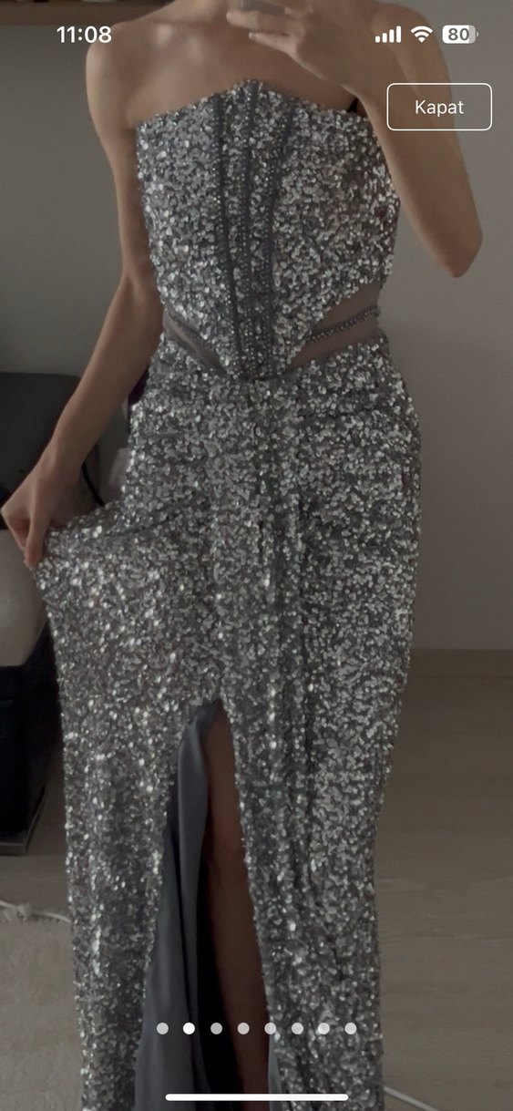 Serica Moda Gümüş Straplez Pul Payet Abiye Elbise - Görsel 5