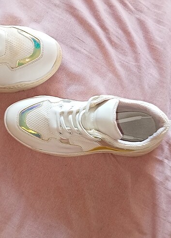 38 Beden Multi Renk Sarı Detaylı Beyaz Sneaker Spor Ayakkabı Kalın Yüksek