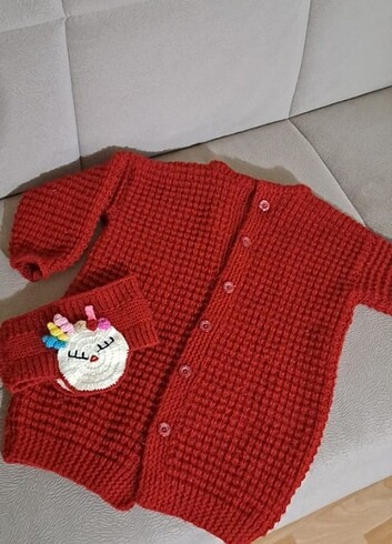 6 Yaş Beden bordo Renk Örgü hırka ve örgü bandana