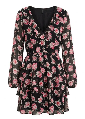 H&M Pembe Cicekli Siyah V Yaka Mini Elbise