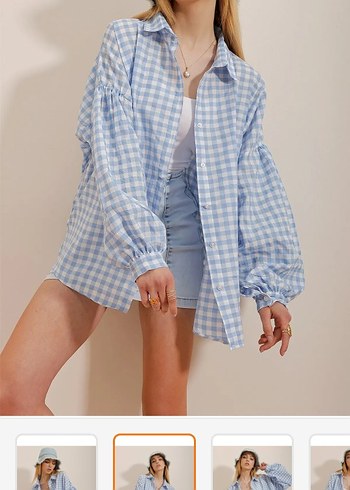 38 Beden mavi Renk Trend Alaçatı Stili Mavi Pötikare Desenli Oversize Viskon Gömlek
