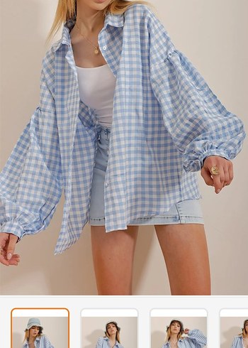 38 Beden Trend Alaçatı Stili Mavi Pötikare Desenli Oversize Viskon Gömlek