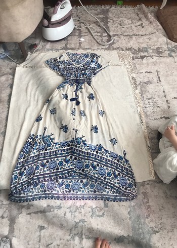 l Beden Mavi Nakışlı Bohem Uzun Elbise