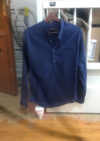 Erkek Lacivert Denim Gömlek, Uzun Kollu, Salaş