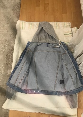 s Beden gri Renk Gri Kapüşonlu Erkek Denim Ceket