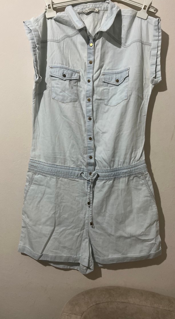 Gri Denim Kolsuz Mini Tulum - Görsel 4