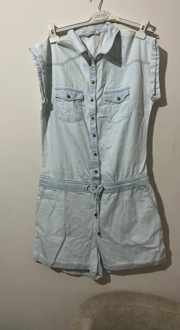 Gri Denim Kolsuz Mini Tulum - Görsel 2