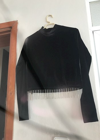 s Beden Siyah Uzun Kollu Crop Top
