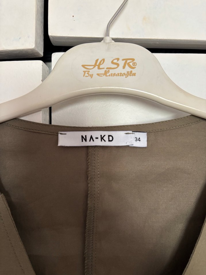 Bej Düğmeli V Yaka Keten Kadın Gömlek - Görsel 2